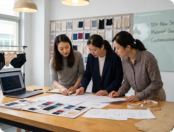 Ljvogues pattern makers reviewing lingerie samples and material swatches in Shenzhen