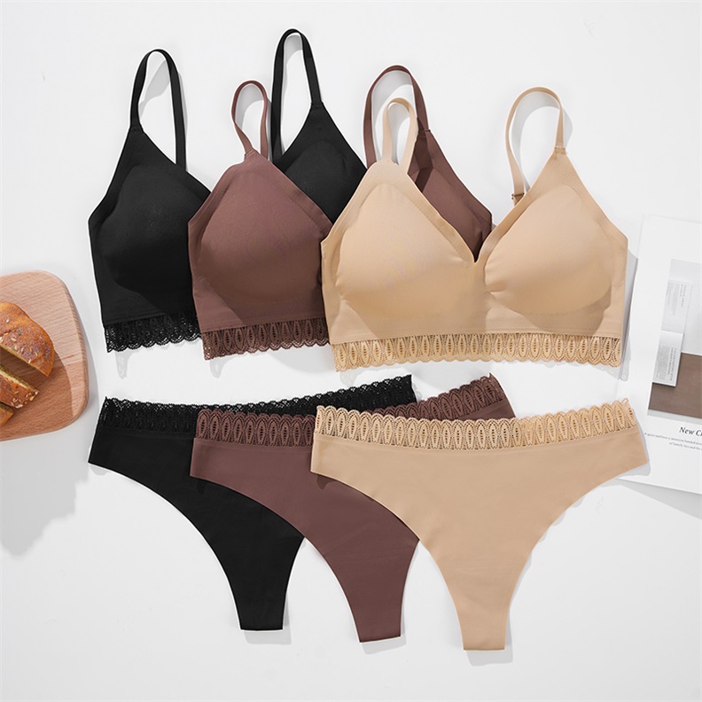 Seamless Lace Bralette Set (BPX183) — flat-lay view showing coordinated colour options for private-label sets