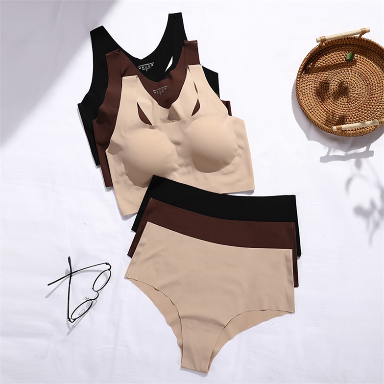 Seamless Wireless Removable-Pad Bra Set (BPD107) — flat-lay view showing coordinated colour options for private-label sets