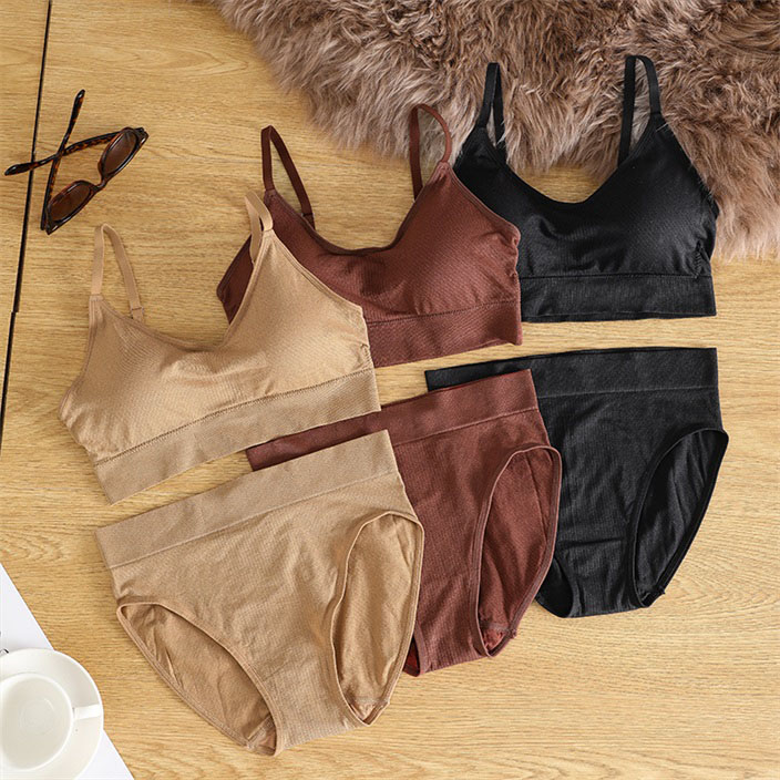 Seamless Removable-Pad High-Waist Bra Set (BPX189) — flat-lay view showing coordinated colour options for private-label sets