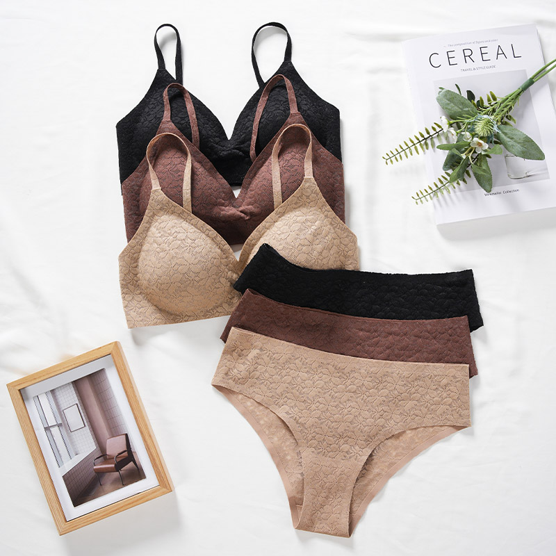 Lace Bra Set (BPX182) — flat-lay view showing coordinated colour options for private-label sets