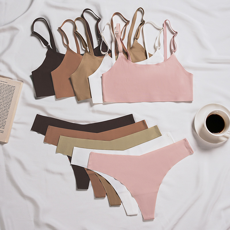 Seamless Wireless Bra Set (BPD108) — flat-lay view showing coordinated colour options for private-label sets