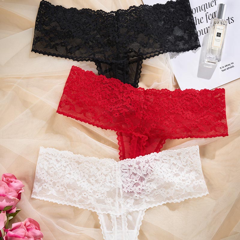 Lace Low-Rise Thong (PX408) — flat-lay view showing colour options for wholesale panty production