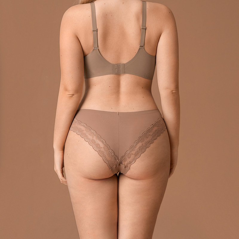 Seamless Lace Low-Rise Brief (PD135) — side view showing rise, leg opening and stretch recovery