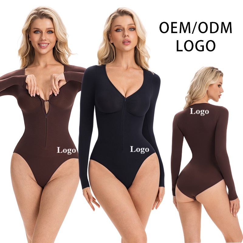 Zipper-Front Non-Slip Shapewear Bodysuit: front fit showing silhouette, control panels and waistband