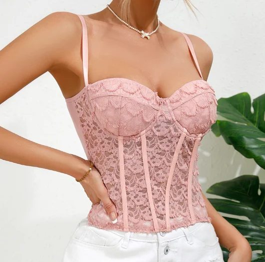 Pink Lace Fishbone Corset Top (Y03634) — lace pattern and trim detail