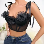 Rose-appliqué bow-strap corset top Y04334 reference photo