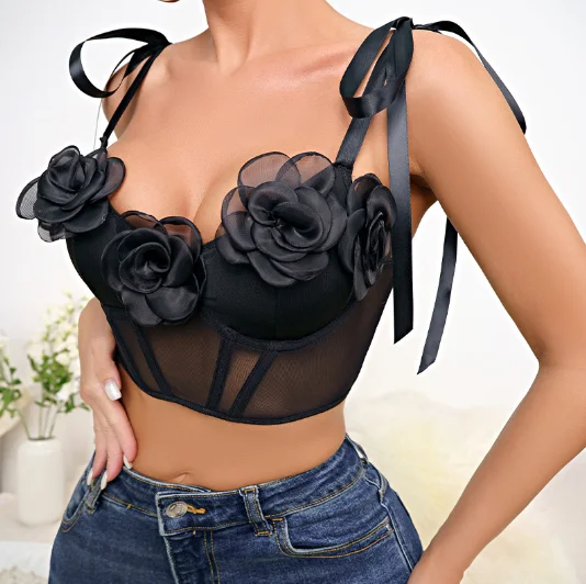 Rose-Appliqué Bow-Strap Corset Top (Y04334) — related lingerie style option