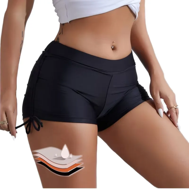 Drawstring Period Swim Short front — reusable period panty coverage and gusset placement