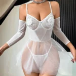 White bridal embroidery mesh lingerie set A0054 reference photo