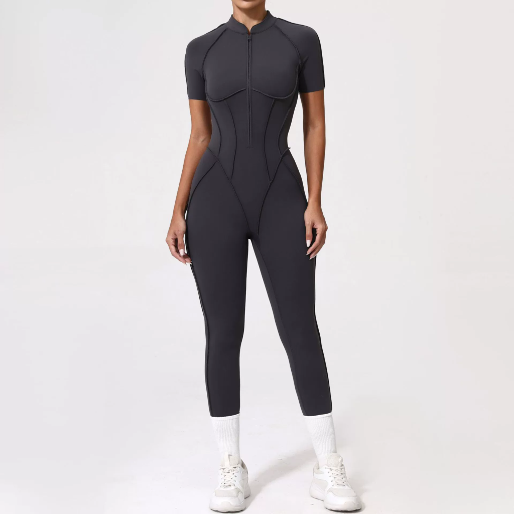 Zip-Up Activewear Jumpsuit: front fit showing silhouette, waistband and activewear coverage