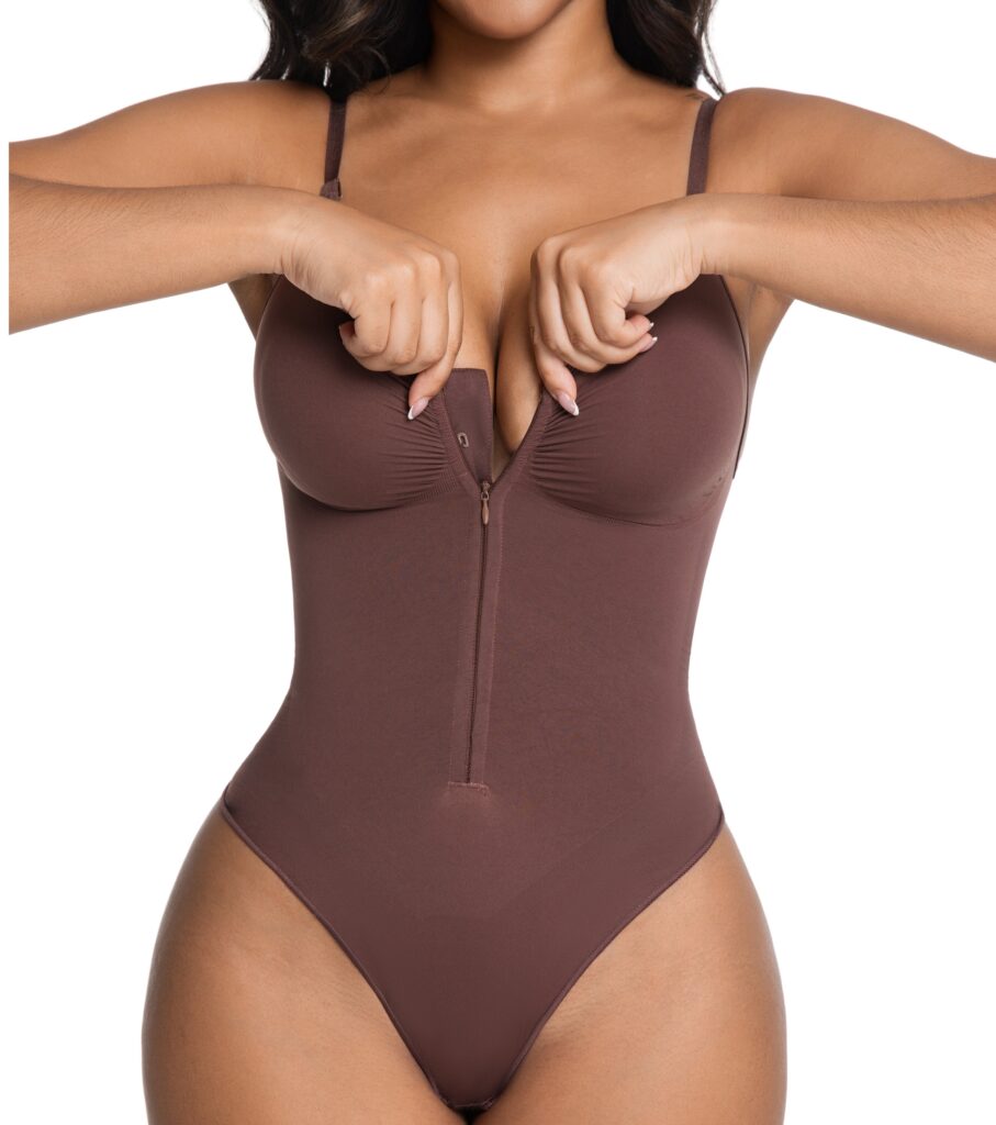 Zipper-Front Non-Slip Tummy-Control Thong: front fit showing silhouette, control panels and waistband