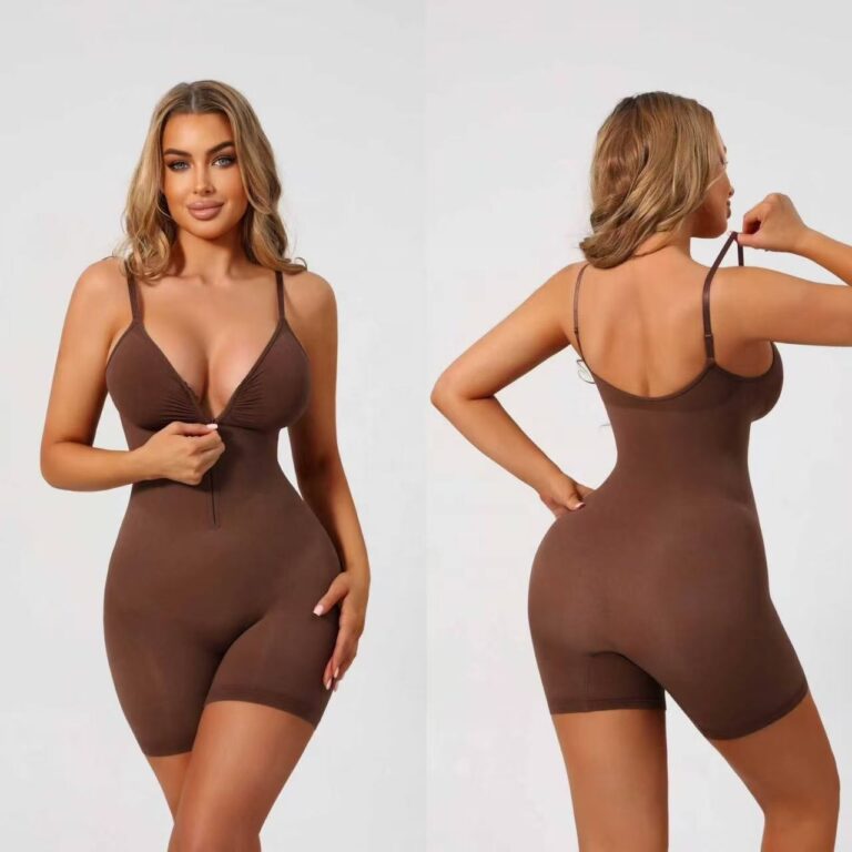 Zipper-Front Non-Slip Shapewear Bodysuit: front fit showing silhouette, control panels and waistband