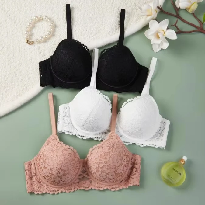 Cross-Lace Spaghetti-Strap Bra (W0029) — lace pattern and trim detail