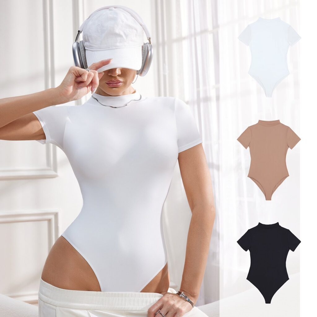 Seamless Short-Sleeve Tummy-Control Thong: front fit showing silhouette, control panels and waistband