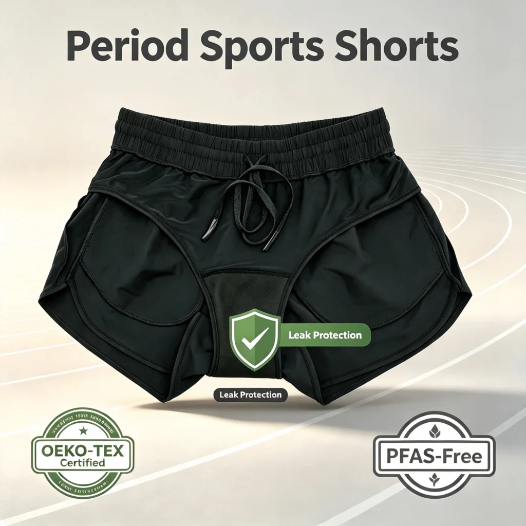 Pocketed Oversized Period Sports Short front — reusable period panty coverage and gusset placement