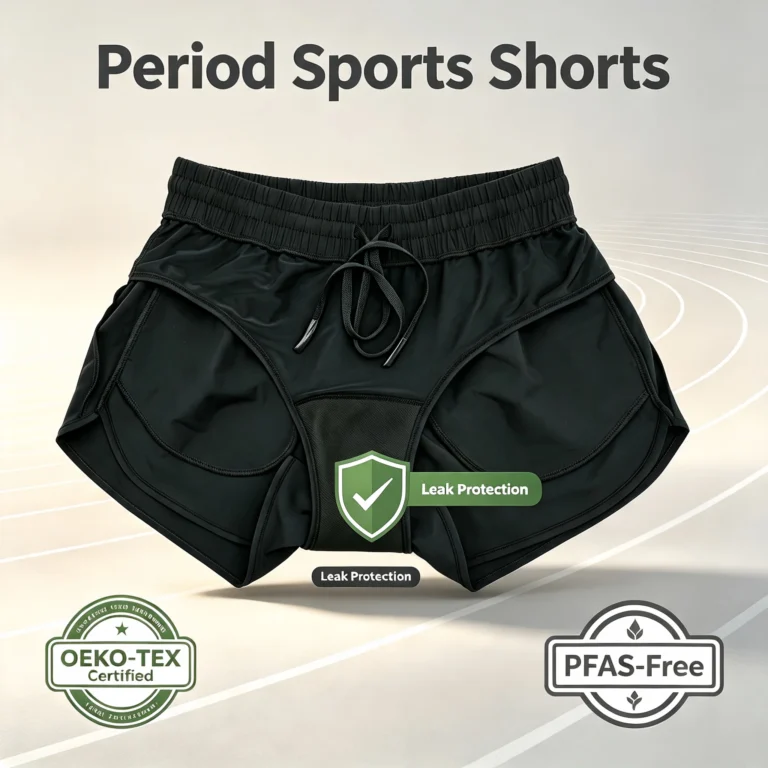 Pocketed Oversized Period Sports Short front — reusable period panty coverage and gusset placement