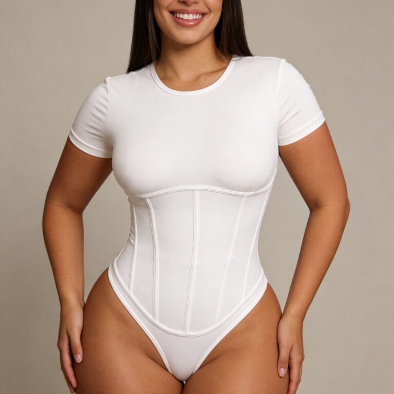 Zipper-Front Steel-Boned Tummy-Control Thong: front fit showing silhouette, control panels and waistband